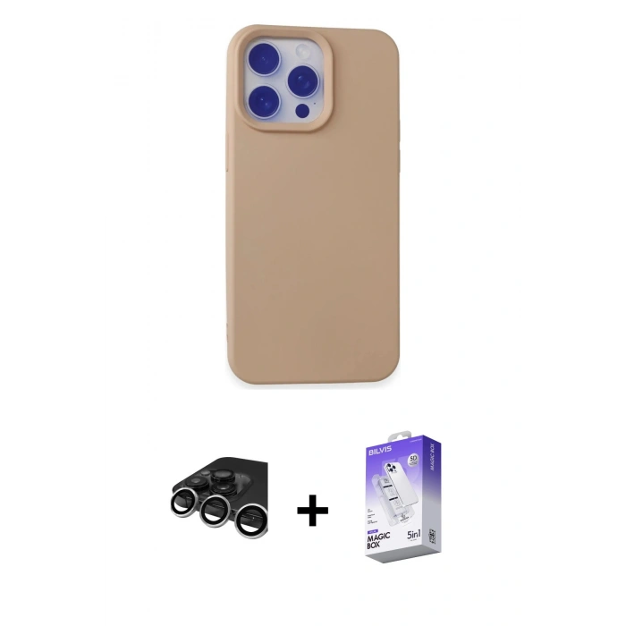 MARSİLYAN™- iPhone 15 Pro Max Kılıf Ahenk Serisi - Siyah Bilvis 5in1 3D Magic Cam Ekran Koruyucu + Raze Metal Kamera Lens - GS