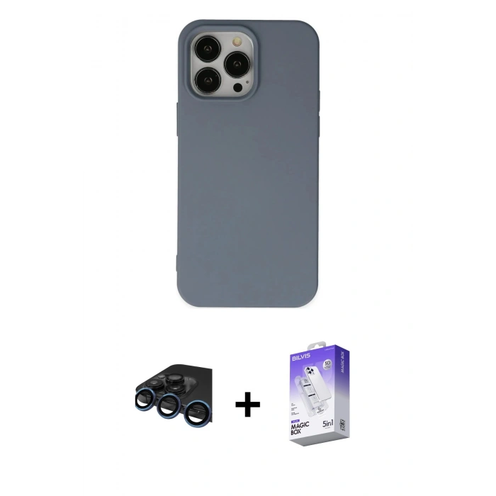 MARSİLYAN™- iPhone 15 Pro Max Kılıf Ahenk Serisi - Siyah Bilvis 5in1 3D Magic Cam Ekran Koruyucu + Raze Metal Kamera Lens - LT