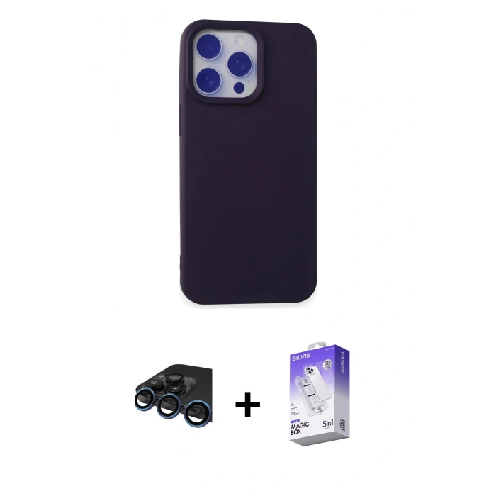 MARSİLYAN™- iPhone 15 Pro Max Kılıf Ahenk Serisi - Siyah Bilvis 5in1 3D Magic Cam Ekran Koruyucu + Raze Metal Kamera Lens - LT