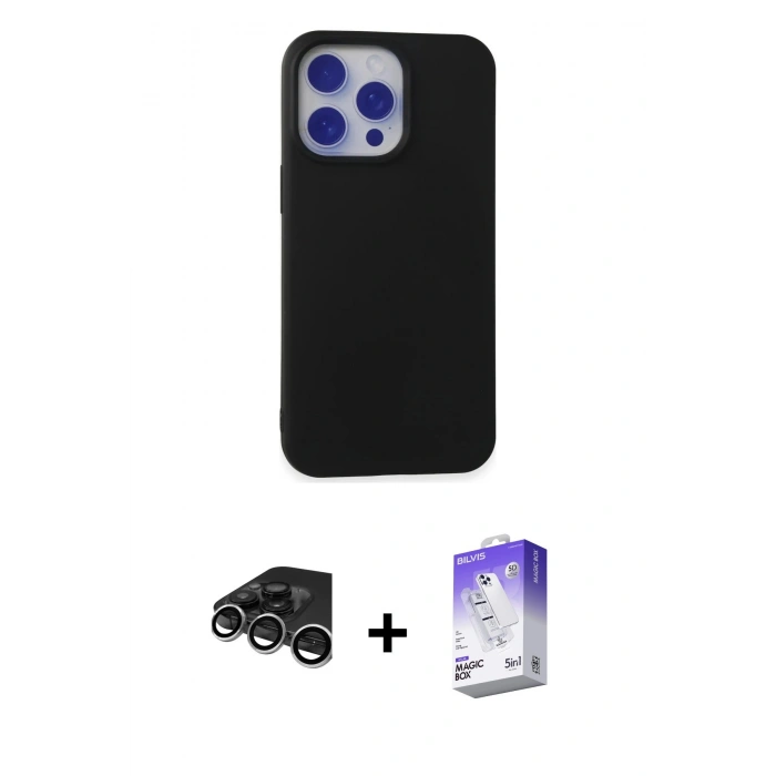 MARSİLYAN™- iPhone 15 Pro Max Kılıf Ahenk Serisi - Siyah Bilvis 5in1 3D Magic Cam Ekran Koruyucu + Raze Metal Kamera Lens - GS