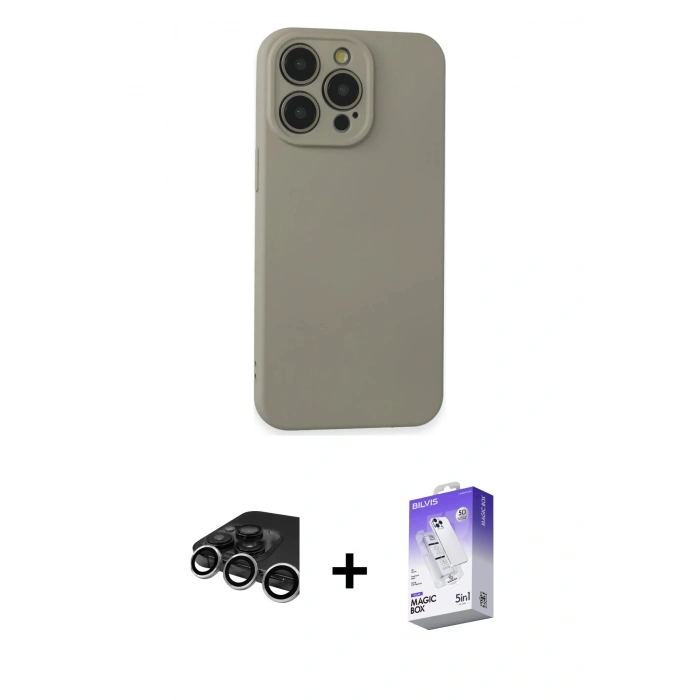MARSİLYAN™- iPhone 15 Pro Max Kılıf Ahenk Serisi - Siyah Bilvis 5in1 3D Magic Cam Ekran Koruyucu + Raze Metal Kamera Lens - GS