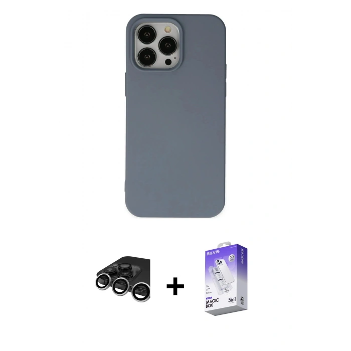 MARSİLYAN™- iPhone 15 Pro Max Kılıf Ahenk Serisi - Siyah Bilvis 5in1 3D Magic Cam Ekran Koruyucu + Raze Metal Kamera Lens - GS