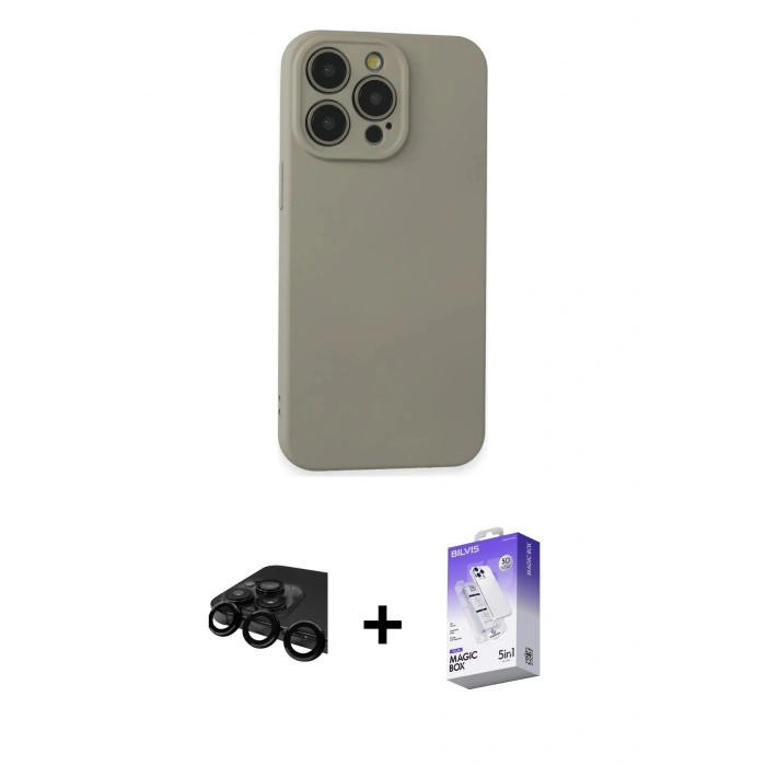 MARSİLYAN™- iPhone 15 Pro Max Kılıf Ahenk Serisi - Siyah Bilvis 5in1 3D Magic Cam Ekran Koruyucu + Raze Metal Kamera Lens - SH