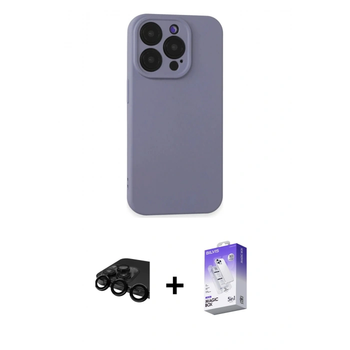 MARSİLYAN™- iPhone 15 Pro Max Kılıf Ahenk Serisi - Siyah Bilvis 5in1 3D Magic Cam Ekran Koruyucu + Raze Metal Kamera Lens - SH