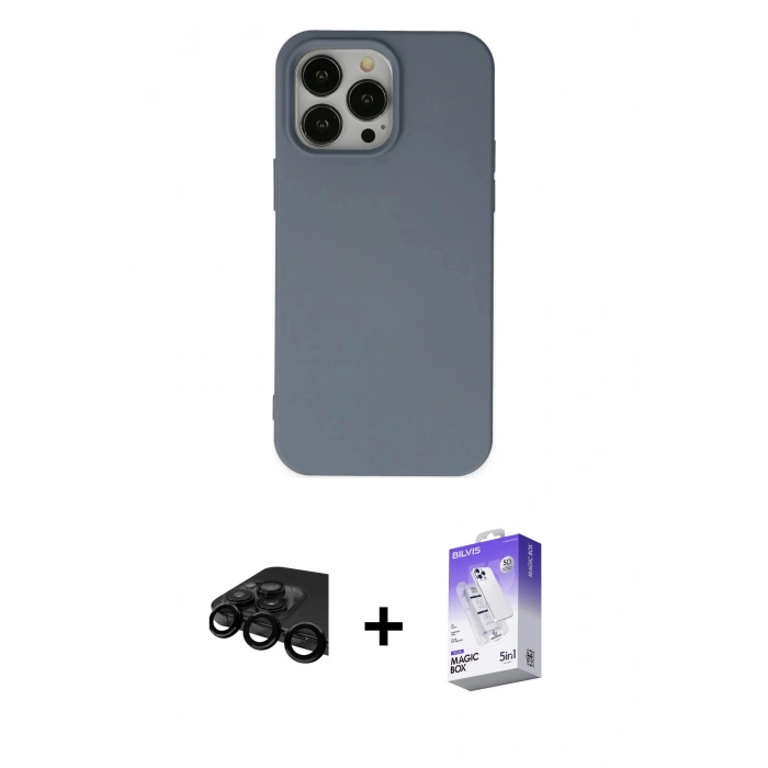 MARSİLYAN™- iPhone 15 Pro Max Kılıf Ahenk Serisi - Siyah Bilvis 5in1 3D Magic Cam Ekran Koruyucu + Raze Metal Kamera Lens - SH