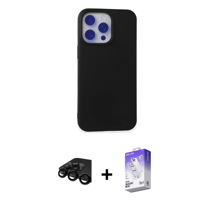 MARSİLYAN™- iPhone 15 Pro Max Kılıf Ahenk Serisi - Siyah Bilvis 5in1 3D Magic Cam Ekran Koruyucu + Raze Metal Kamera Lens - SH