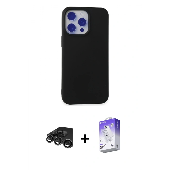 MARSİLYAN™- iPhone 15 Pro Max Kılıf Ahenk Serisi - Siyah Bilvis 5in1 3D Magic Cam Ekran Koruyucu + Titanyum Gri Raze Metal Kamera Lens