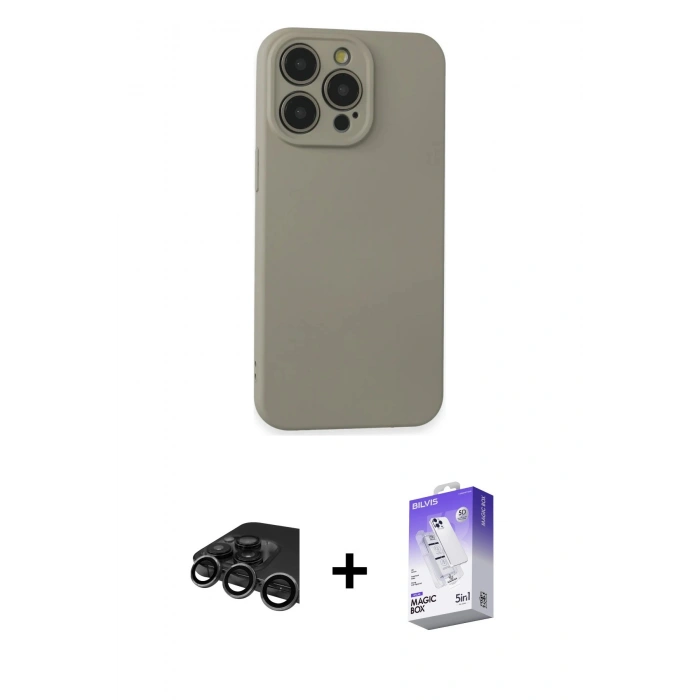 MARSİLYAN™- iPhone 15 Pro Max Kılıf Ahenk Serisi - Siyah Bilvis 5in1 3D Magic Cam Ekran Koruyucu + Titanyum Gri Raze Metal Kamera Lens