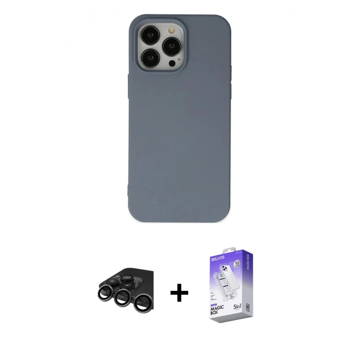 MARSİLYAN™- iPhone 15 Pro Max Kılıf Ahenk Serisi - Siyah Bilvis 5in1 3D Magic Cam Ekran Koruyucu + Titanyum Gri Raze Metal Kamera Lens