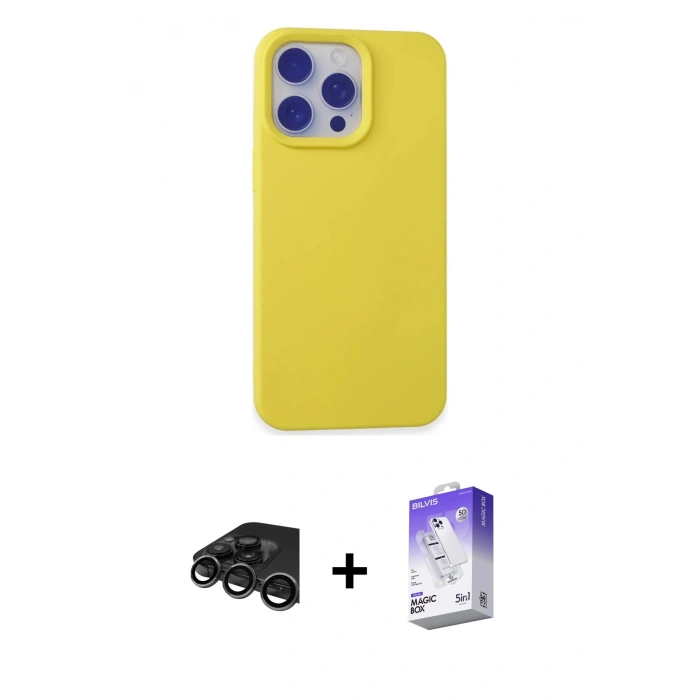 MARSİLYAN™- iPhone 15 Pro Max Kılıf Ahenk Serisi - Siyah Bilvis 5in1 3D Magic Cam Ekran Koruyucu + Titanyum Gri Raze Metal Kamera Lens