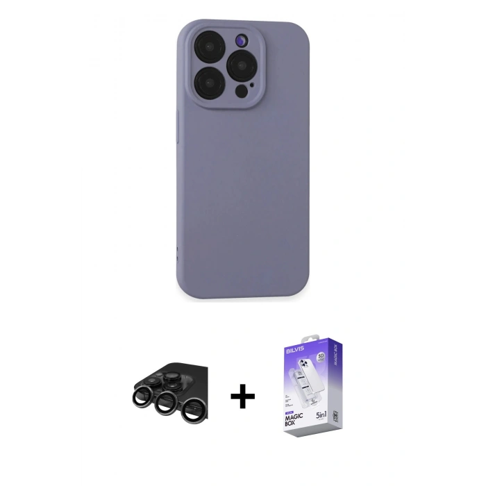MARSİLYAN™- iPhone 15 Pro Max Kılıf Ahenk Serisi - Siyah Bilvis 5in1 3D Magic Cam Ekran Koruyucu + Titanyum Gri Raze Metal Kamera Lens