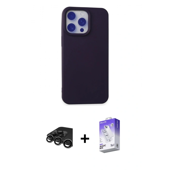 MARSİLYAN™- iPhone 15 Pro Max Kılıf Ahenk Serisi - Siyah Bilvis 5in1 3D Magic Cam Ekran Koruyucu + Titanyum Gri Raze Metal Kamera Lens