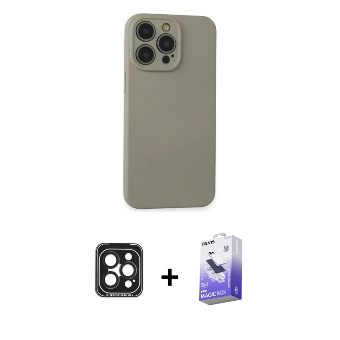 MARSİLYAN™- iPhone 15 Pro Max Kılıf Ahenk Serisi - Siyah Bilvis 5in1 5D Magic Hayalet Cam Ekran Koruyucu + PVD Metal Kamera Lens - SH