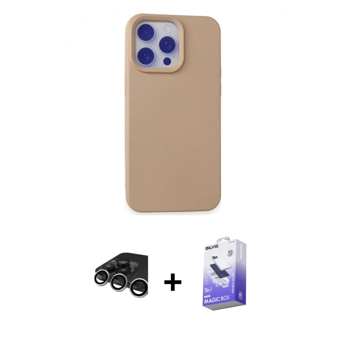 MARSİLYAN™- iPhone 15 Pro Max Kılıf Ahenk Serisi - Siyah Bilvis 5in1 5D Magic Hayalet Cam Ekran Koruyucu + Raze Metal Kamera Lens - GS