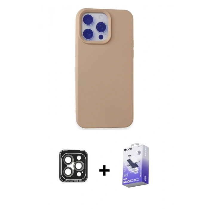 MARSİLYAN™- iPhone 15 Pro Max Kılıf Ahenk Serisi - Siyah Bilvis 5in1 5D Magic Hayalet Cam Ekran Koruyucu + PVD Metal Kamera Lens - GI