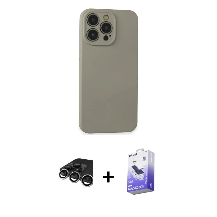 MARSİLYAN™- iPhone 15 Pro Max Kılıf Ahenk Serisi - Siyah Bilvis 5in1 5D Magic Hayalet Cam Ekran Koruyucu + Raze Metal Kamera Lens - GS
