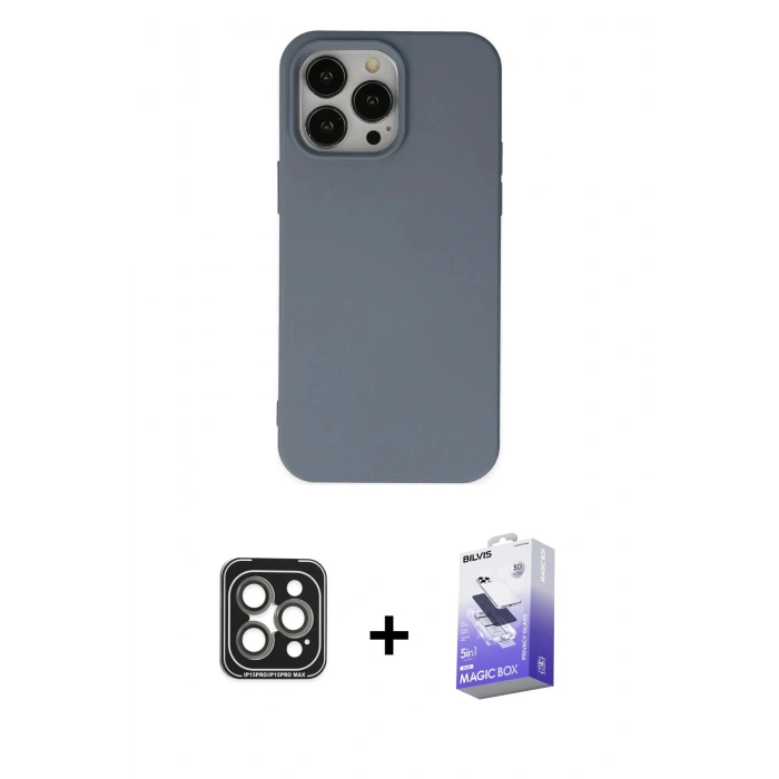 MARSİLYAN™- iPhone 15 Pro Max Kılıf Ahenk Serisi - Siyah Bilvis 5in1 5D Magic Hayalet Cam Ekran Koruyucu + PVD Metal Kamera Lens - GI