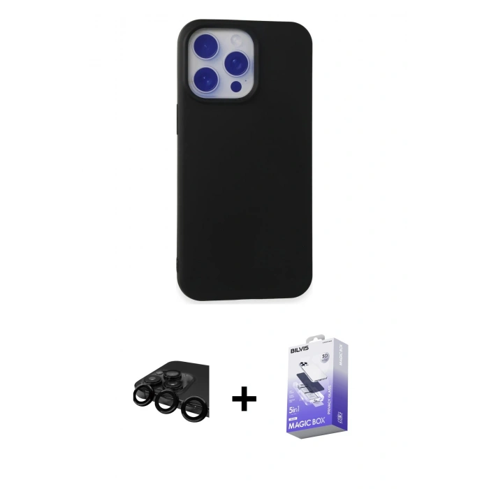 MARSİLYAN™- iPhone 15 Pro Max Kılıf Ahenk Serisi - Siyah Bilvis 5in1 5D Magic Hayalet Cam Ekran Koruyucu + Raze Metal Kamera Lens - SH