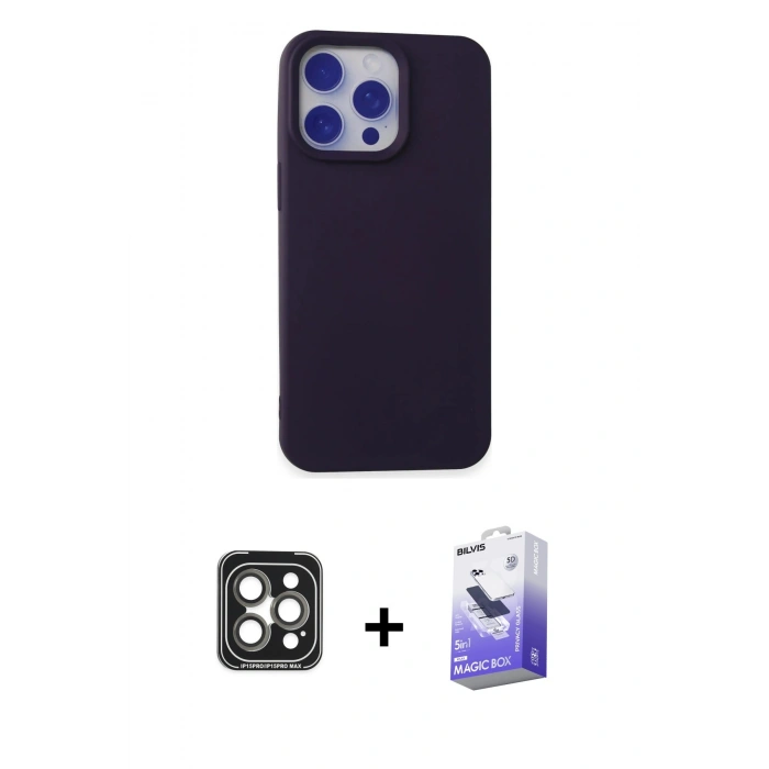 MARSİLYAN™- iPhone 15 Pro Max Kılıf Ahenk Serisi - Siyah Bilvis 5in1 5D Magic Hayalet Cam Ekran Koruyucu + PVD Metal Kamera Lens - GI