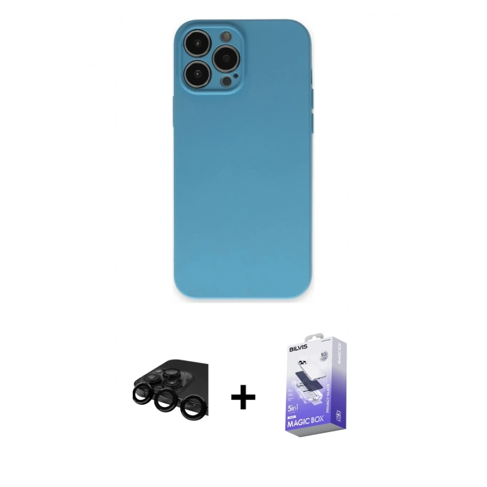 MARSİLYAN™- iPhone 15 Pro Max Kılıf Ahenk Serisi - Siyah Bilvis 5in1 5D Magic Hayalet Cam Ekran Koruyucu + Raze Metal Kamera Lens - SH