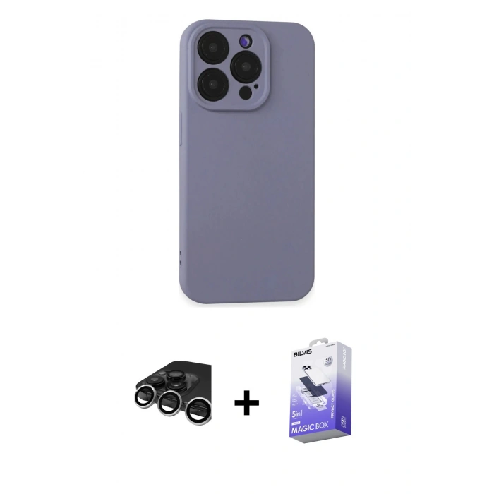 MARSİLYAN™- iPhone 15 Pro Max Kılıf Ahenk Serisi - Siyah Bilvis 5in1 5D Magic Hayalet Cam Ekran Koruyucu + Raze Metal Kamera Lens - GS