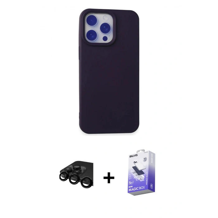 MARSİLYAN™- iPhone 15 Pro Max Kılıf Ahenk Serisi - Siyah Bilvis 5in1 5D Magic Hayalet Cam Ekran Koruyucu + Raze Metal Kamera Lens - SH