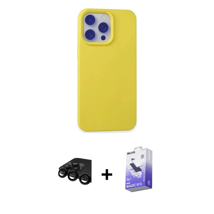 MARSİLYAN™- iPhone 15 Pro Max Kılıf Ahenk Serisi - Siyah Bilvis 5in1 5D Magic Hayalet Cam Ekran Koruyucu + Raze Metal Kamera Lens - SH