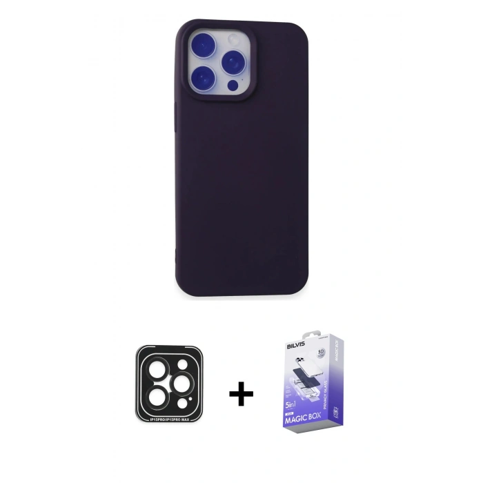 MARSİLYAN™- iPhone 15 Pro Max Kılıf Ahenk Serisi - Siyah Bilvis 5in1 5D Magic Hayalet Cam Ekran Koruyucu + PVD Metal Kamera Lens - SH