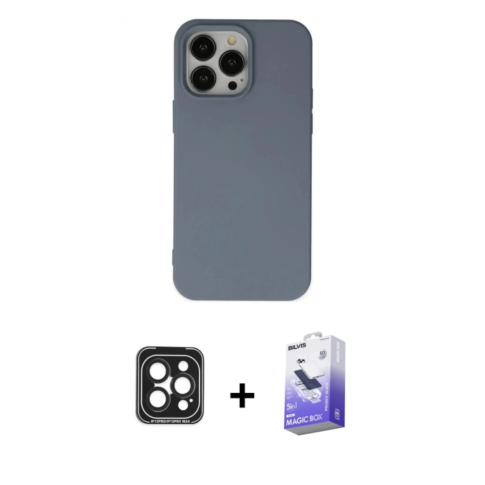 MARSİLYAN™- iPhone 15 Pro Max Kılıf Ahenk Serisi - Siyah Bilvis 5in1 5D Magic Hayalet Cam Ekran Koruyucu + PVD Metal Kamera Lens - SH