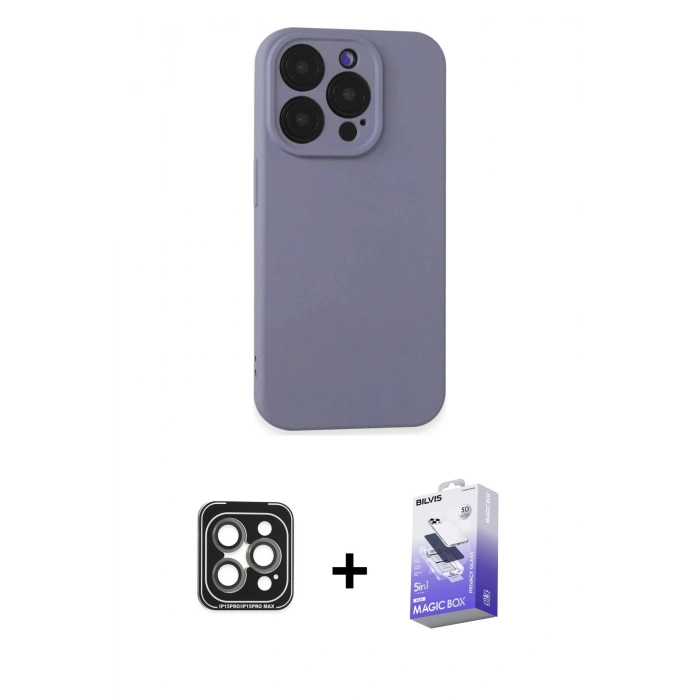 MARSİLYAN™- iPhone 15 Pro Max Kılıf Ahenk Serisi - Siyah Bilvis 5in1 5D Magic Hayalet Cam Ekran Koruyucu + PVD Metal Kamera Lens - GI