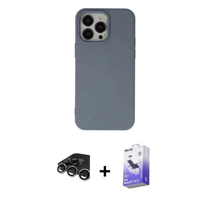 MARSİLYAN™- iPhone 15 Pro Max Kılıf Ahenk Serisi - Siyah Bilvis 5in1 5D Magic Hayalet Cam Ekran Koruyucu + Raze Metal Kamera Lens - GS