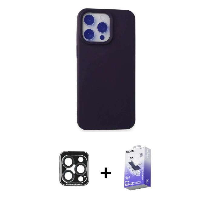 MARSİLYAN™- iPhone 15 Pro Max Kılıf Ahenk Serisi - Siyah Bilvis 5in1 5D Magic Hayalet Cam Ekran Koruyucu + PVD Metal Kamera Lens - LT