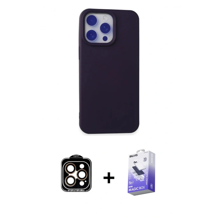 MARSİLYAN™- iPhone 15 Pro Max Kılıf Ahenk Serisi - Siyah Bilvis 5in1 5D Magic Hayalet Cam Ekran Koruyucu + PVD Metal Kamera Lens - TU