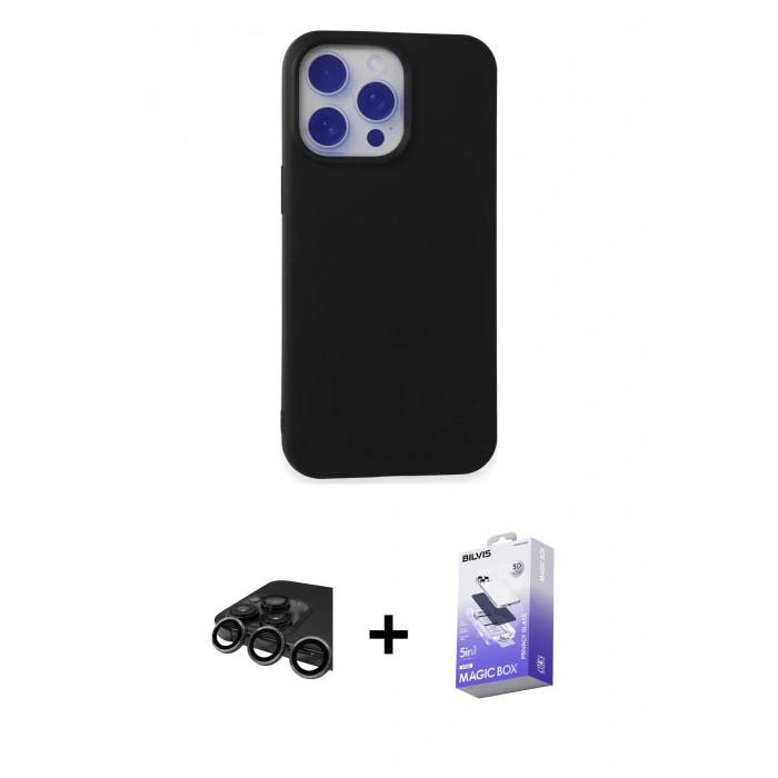 MARSİLYAN™- iPhone 15 Pro Max Kılıf Ahenk Serisi - Siyah Bilvis 5in1 5D Magic Hayalet Cam Ekran Koruyucu + Raze Metal Kamera Lens - TMGI