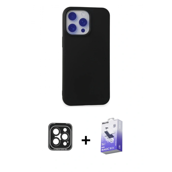MARSİLYAN™- iPhone 15 Pro Max Kılıf Ahenk Serisi - Siyah Bilvis 5in1 5D Magic Hayalet Cam Ekran Koruyucu + PVD Metal Kamera Lens - SH