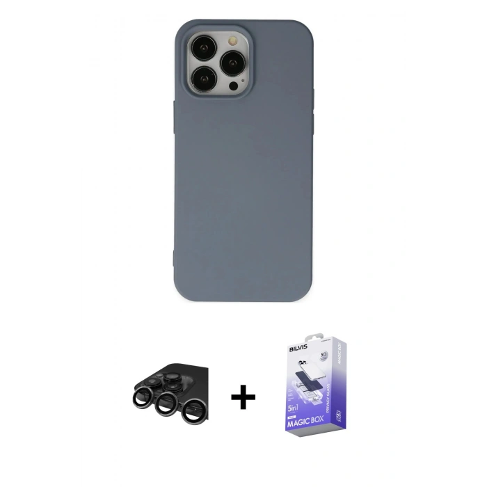 MARSİLYAN™- iPhone 15 Pro Max Kılıf Ahenk Serisi - Siyah Bilvis 5in1 5D Magic Hayalet Cam Ekran Koruyucu + Raze Metal Kamera Lens - TMGI