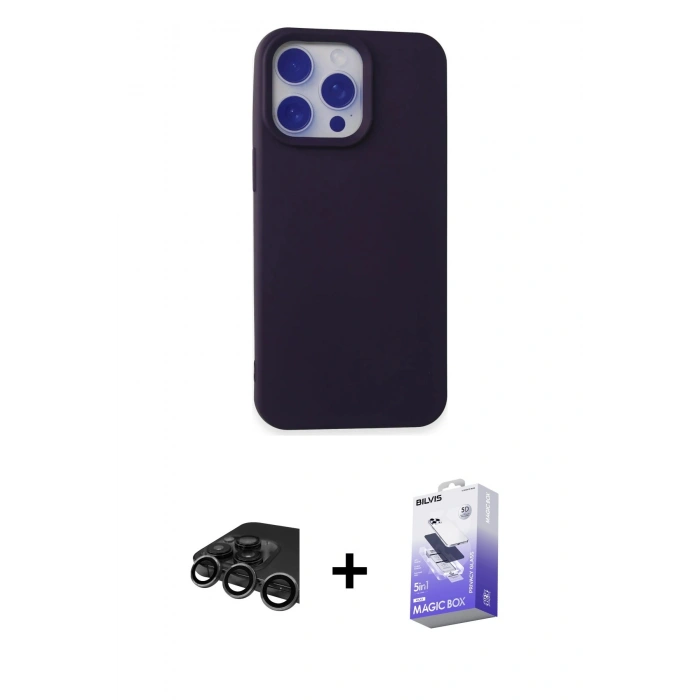 MARSİLYAN™- iPhone 15 Pro Max Kılıf Ahenk Serisi - Siyah Bilvis 5in1 5D Magic Hayalet Cam Ekran Koruyucu + Raze Metal Kamera Lens - TMGI