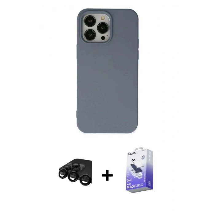 MARSİLYAN™- iPhone 15 Pro Max Kılıf Ahenk Serisi - Siyah Bilvis 5in1 5D Magic Hayalet Cam Ekran Koruyucu + Raze Metal Kamera Lens - SH