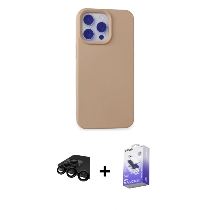 MARSİLYAN™- iPhone 15 Pro Max Kılıf Ahenk Serisi - Siyah Bilvis 5in1 5D Magic Hayalet Cam Ekran Koruyucu + Raze Metal Kamera Lens - SH