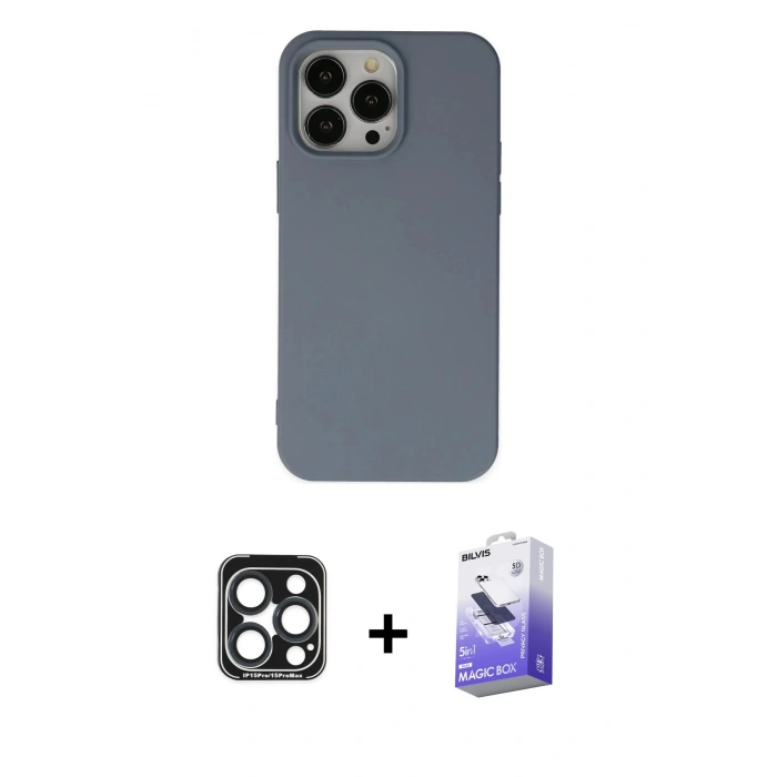 MARSİLYAN™- iPhone 15 Pro Max Kılıf Ahenk Serisi - Siyah Bilvis 5in1 5D Magic Hayalet Cam Ekran Koruyucu + PVD Metal Kamera Lens - LT