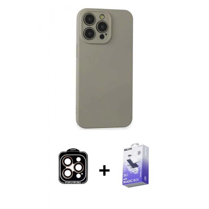 MARSİLYAN™- iPhone 15 Pro Max Kılıf Ahenk Serisi - Siyah Bilvis 5in1 5D Magic Hayalet Cam Ekran Koruyucu + PVD Metal Kamera Lens - TU