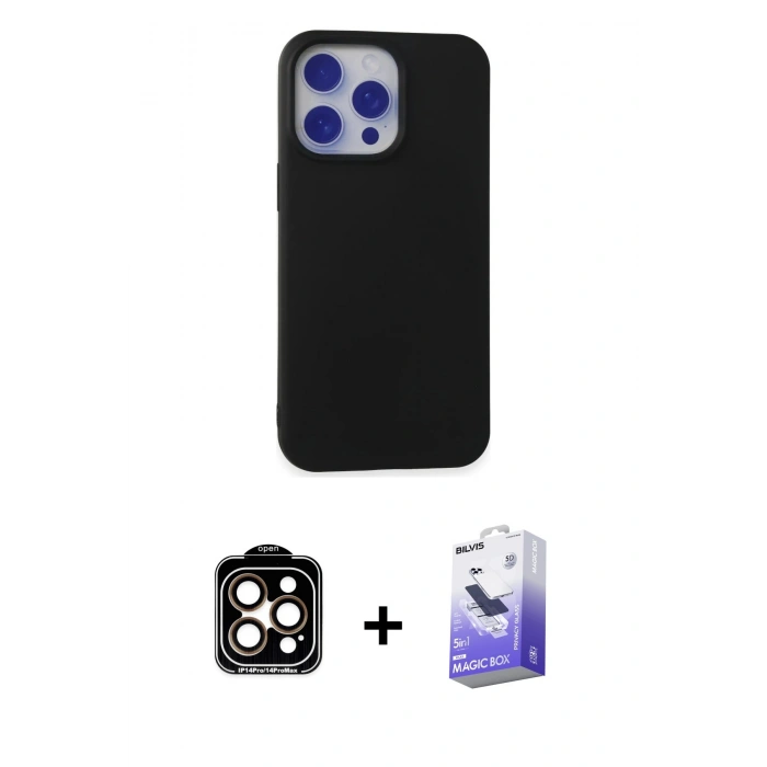 MARSİLYAN™- iPhone 15 Pro Max Kılıf Ahenk Serisi - Siyah Bilvis 5in1 5D Magic Hayalet Cam Ekran Koruyucu + PVD Metal Kamera Lens - TU