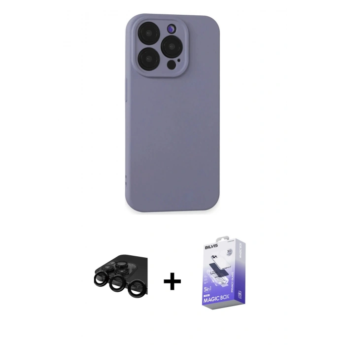 MARSİLYAN™- iPhone 15 Pro Max Kılıf Ahenk Serisi - Siyah Bilvis 5in1 5D Magic Hayalet Cam Ekran Koruyucu + Raze Metal Kamera Lens - SH