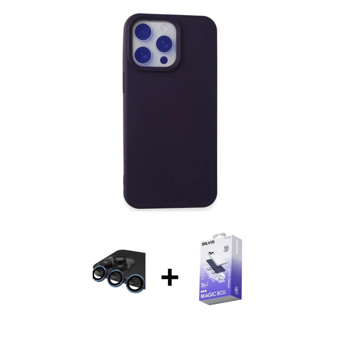 MARSİLYAN™- iPhone 15 Pro Max Kılıf Ahenk Serisi - Siyah Bilvis 5in1 5D Magic Hayalet Cam Ekran Koruyucu + Raze Metal Kamera Lens - LT