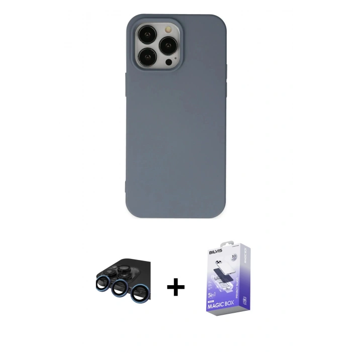 MARSİLYAN™- iPhone 15 Pro Max Kılıf Ahenk Serisi - Siyah Bilvis 5in1 5D Magic Hayalet Cam Ekran Koruyucu + Raze Metal Kamera Lens - LT