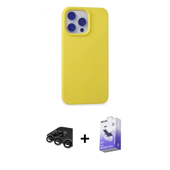 MARSİLYAN™- iPhone 15 Pro Max Kılıf Ahenk Serisi - Siyah Bilvis 5in1 5D Magic Hayalet Cam Ekran Koruyucu + Raze Metal Kamera Lens - TMGI