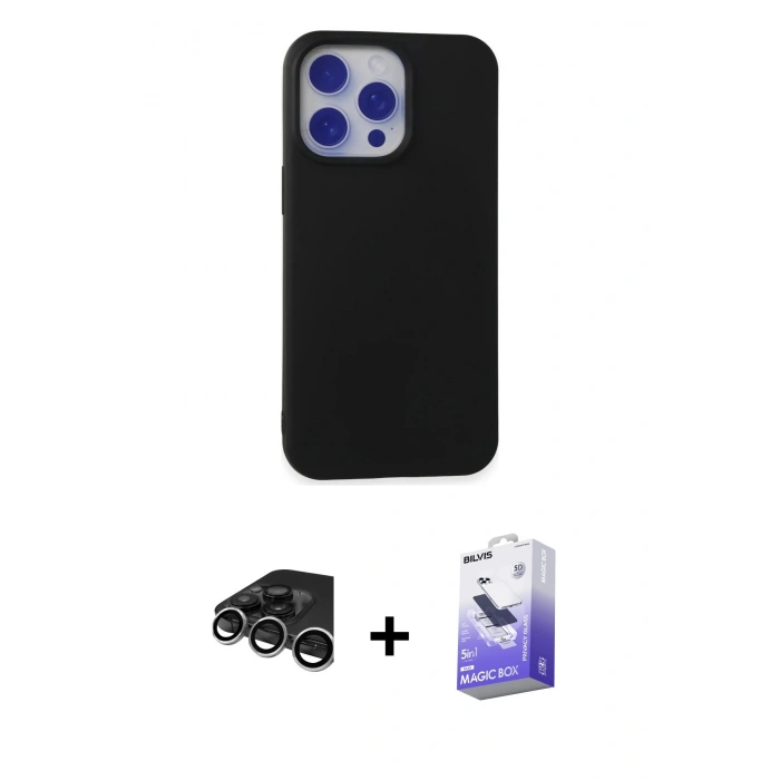 MARSİLYAN™- iPhone 15 Pro Max Kılıf Ahenk Serisi - Siyah Bilvis 5in1 5D Magic Hayalet Cam Ekran Koruyucu + Raze Metal Kamera Lens - GS