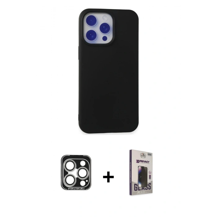 MARSİLYAN™- iPhone 15 Pro Max Kılıf Ahenk Serisi - Siyah Bilvis Hayalet Cam Ekran Koruyucu + PVD Metal Kamera Lens - GS
