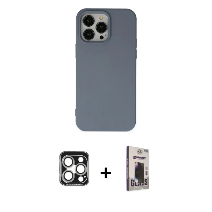 MARSİLYAN™- iPhone 15 Pro Max Kılıf Ahenk Serisi - Siyah Bilvis Hayalet Cam Ekran Koruyucu + PVD Metal Kamera Lens - GS