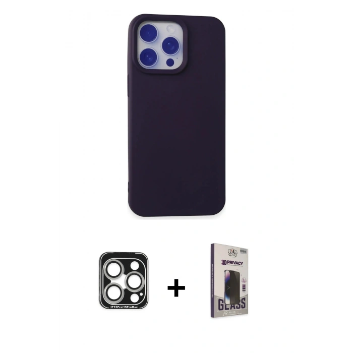 MARSİLYAN™- iPhone 15 Pro Max Kılıf Ahenk Serisi - Siyah Bilvis Hayalet Cam Ekran Koruyucu + PVD Metal Kamera Lens - GS